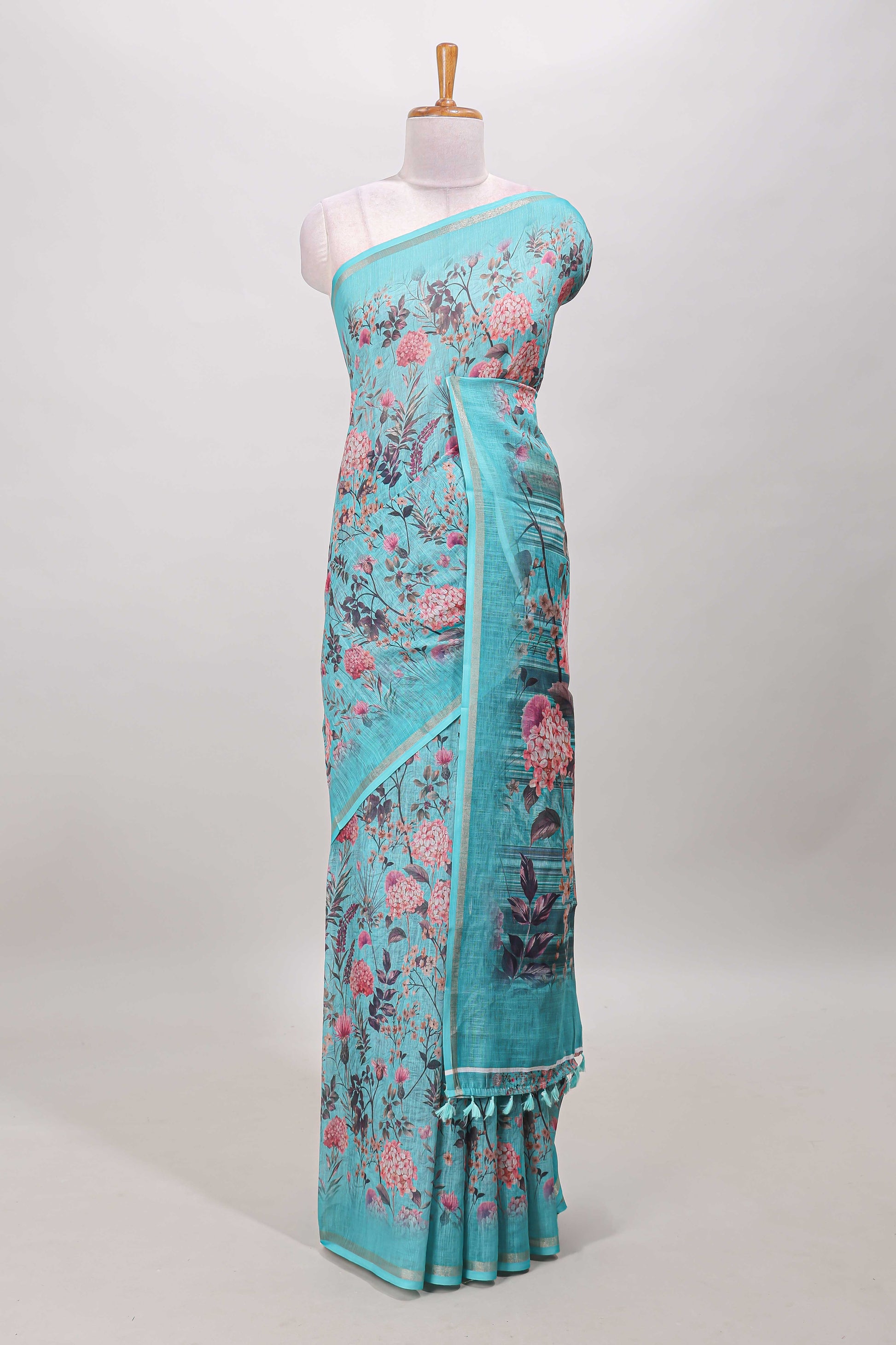  Blue floral linen cotton saree