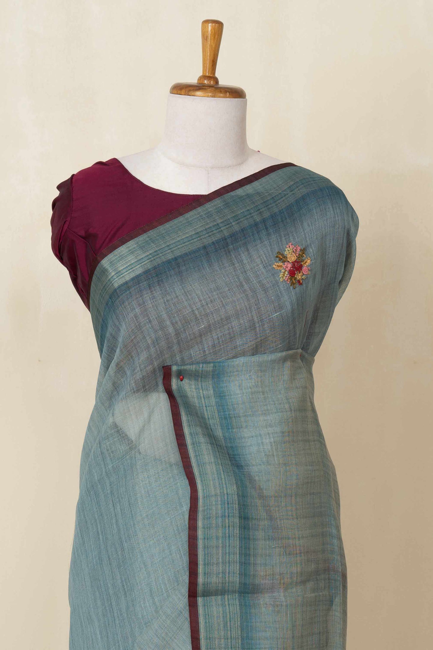 Blue floral linen saree design