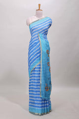 Blue floral petal design linen cotton saree