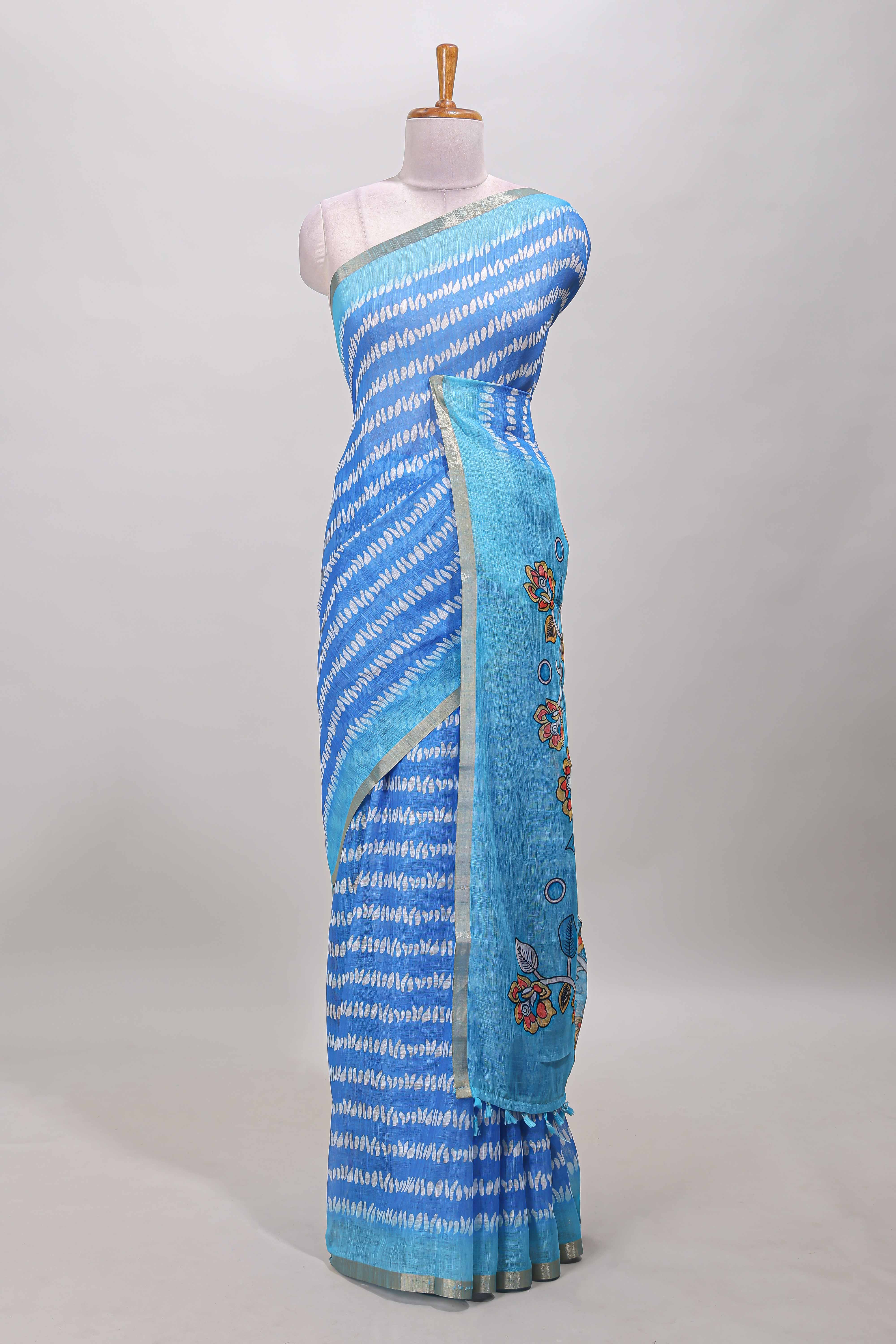 Blue floral petal design linen cotton saree