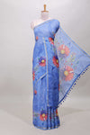 Blue floral print linen cotton saree