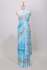 Blue floral print linen saree