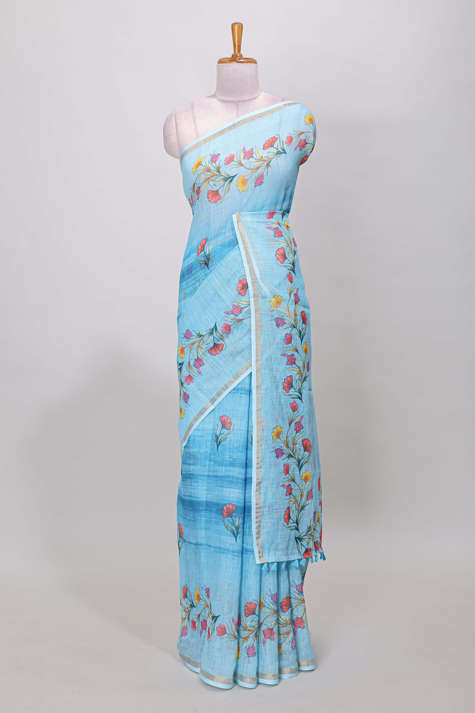 Blue floral print linen saree