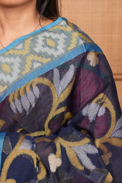 Blue floral print pallu chanderi saree
