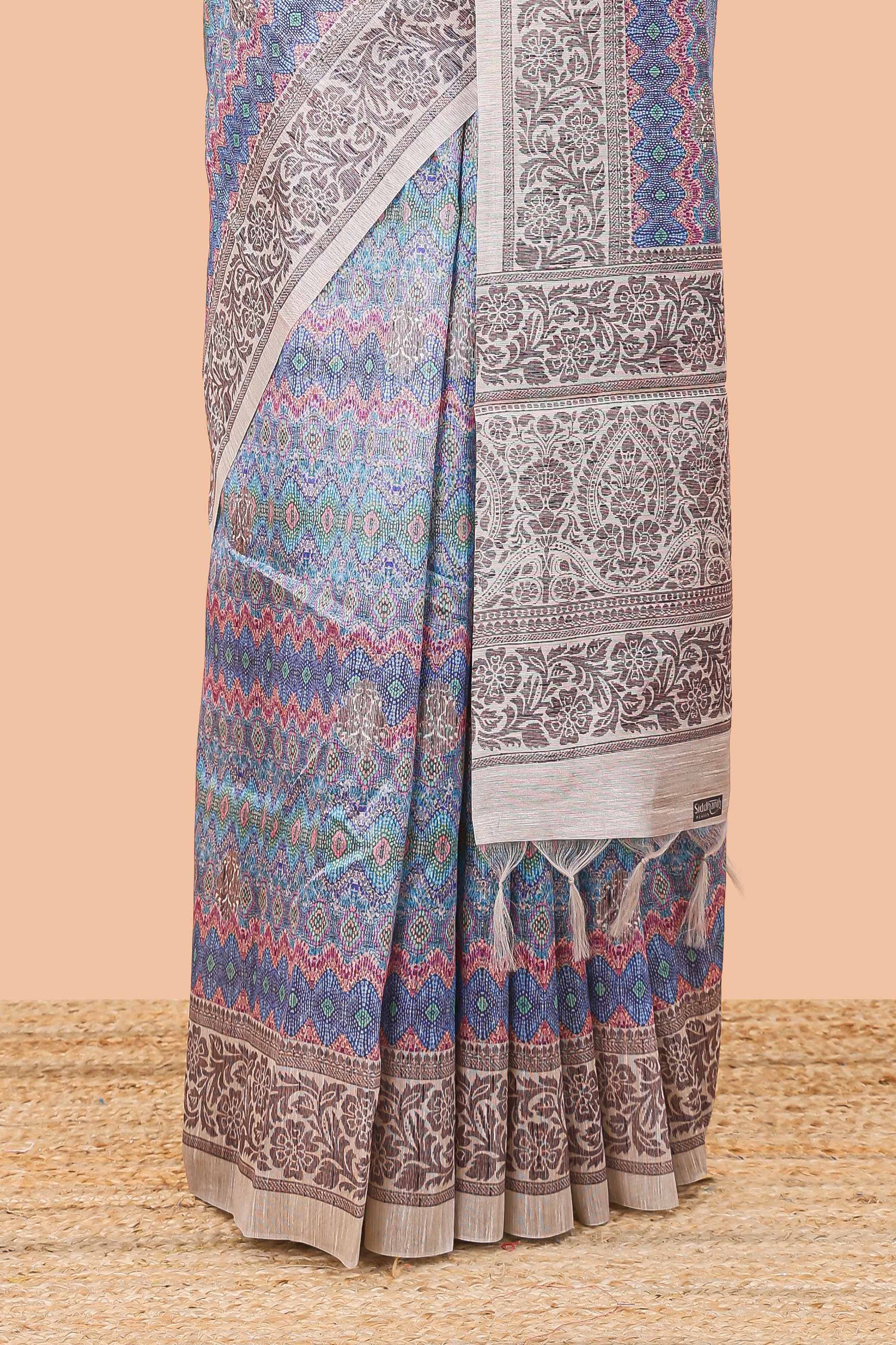 Blue floral print pallu chanderi sarees
