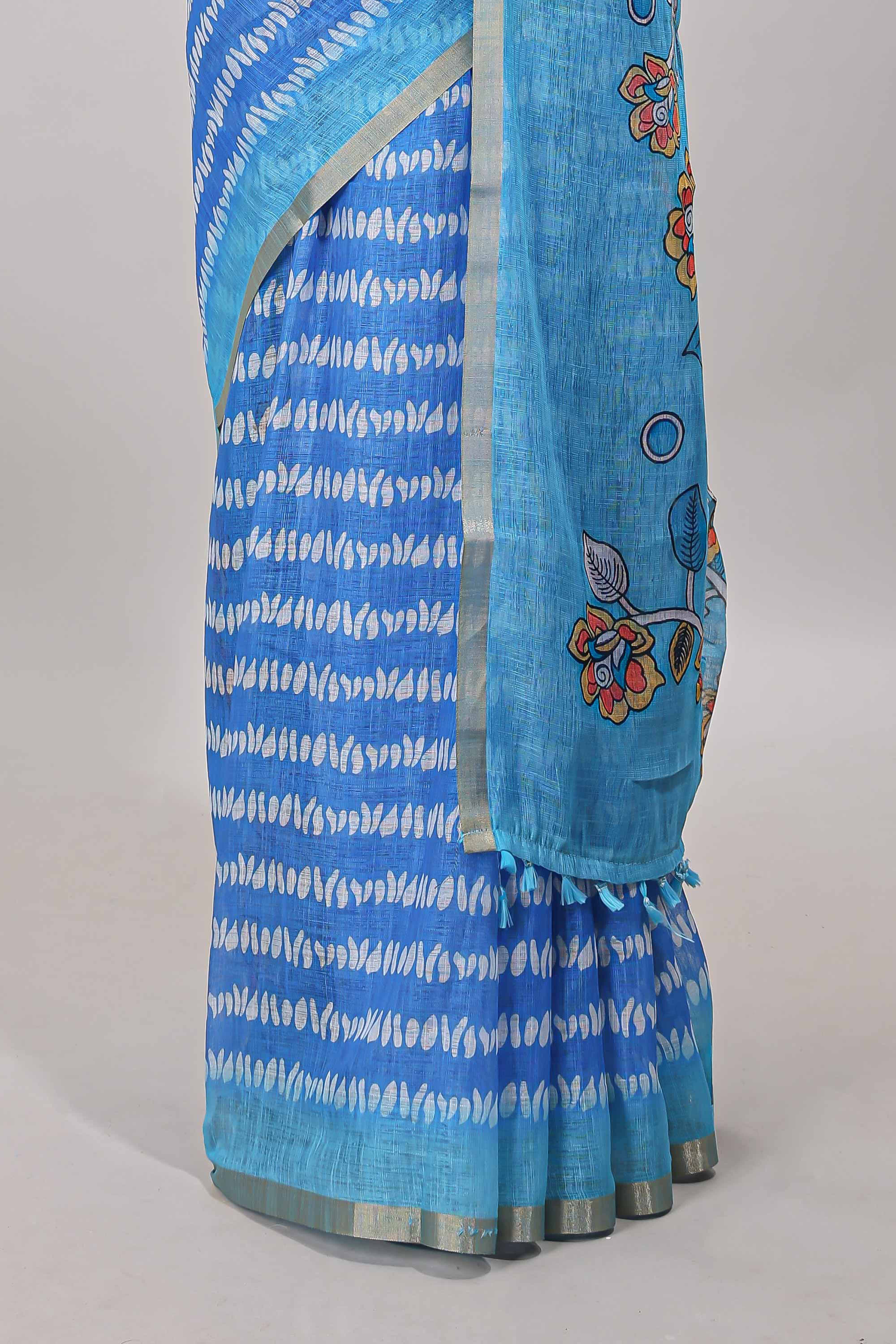 Blue floral print pallu linen cotton saree