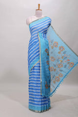 Blue floral striped linen cotton saree