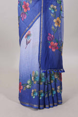 Blue floral vine pattern linen saree