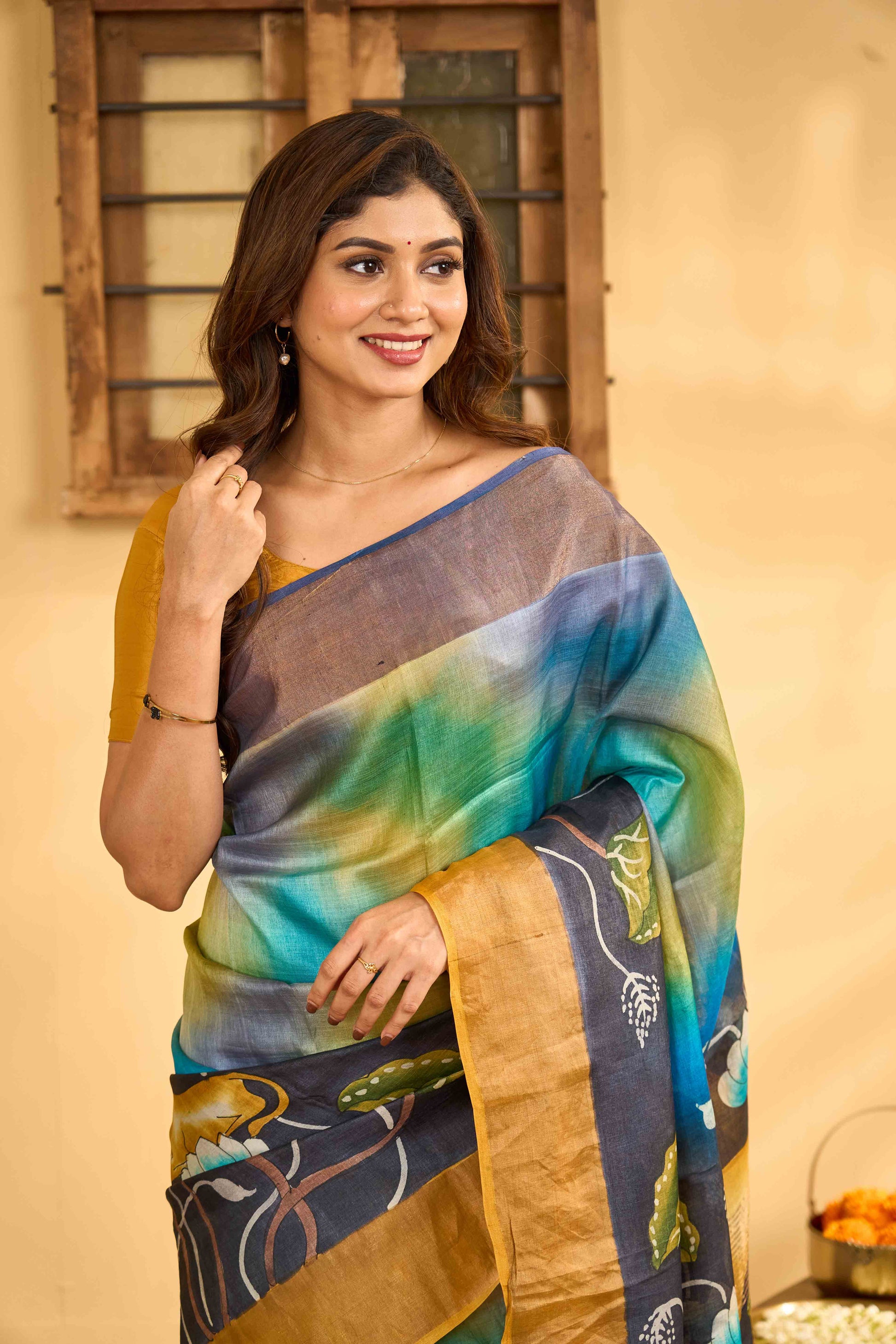 Blue green border tussar silk saree