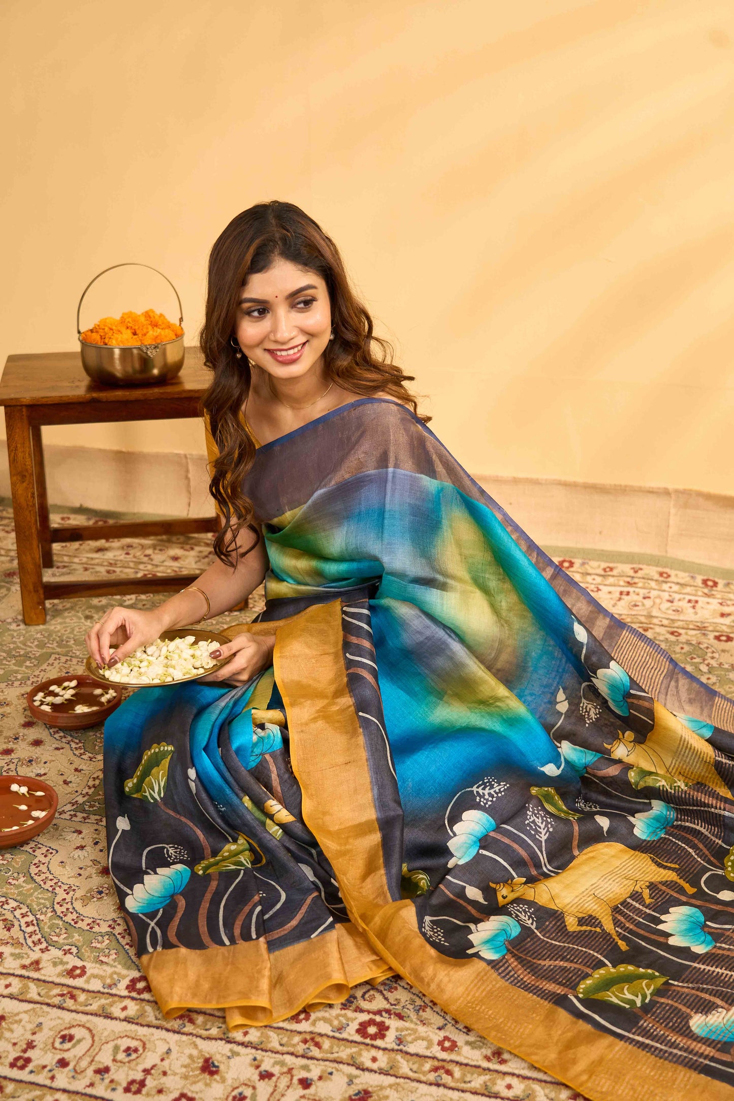 Blue green tussar silk saree
