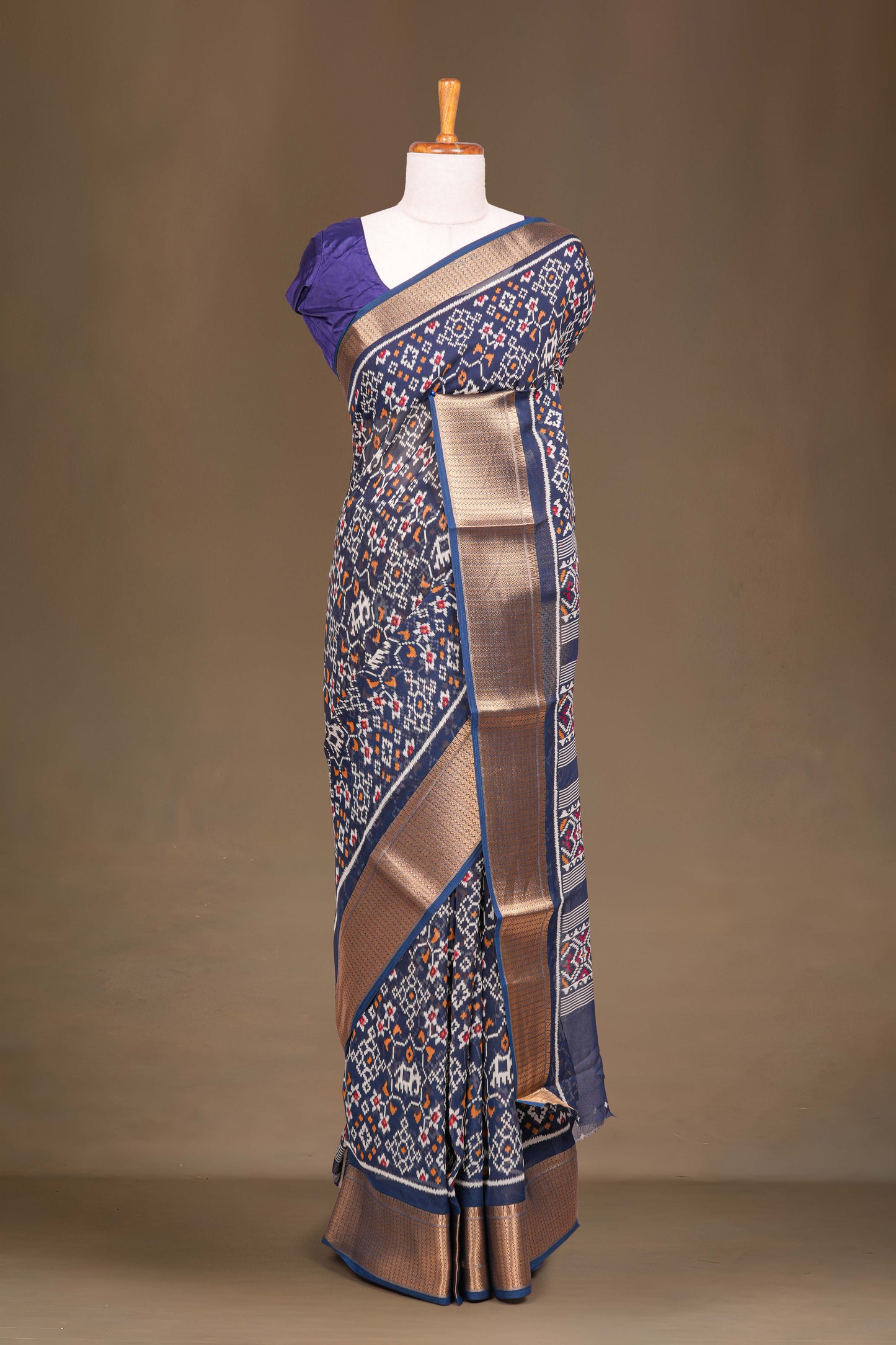 Blue ikkat print dupion silk saree