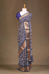 Blue ikkat print dupion silk saree