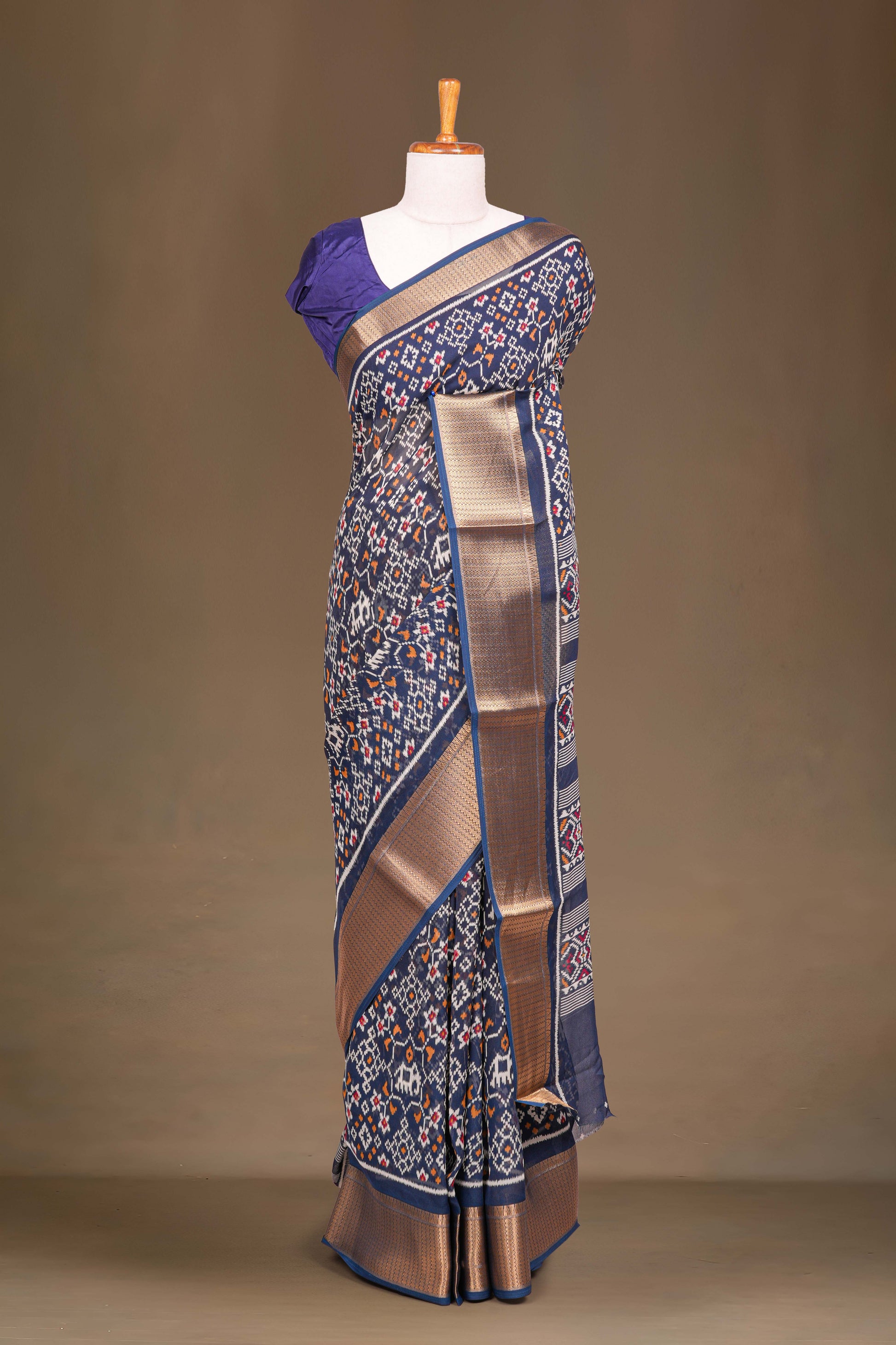 Blue ikkat print dupion silk saree