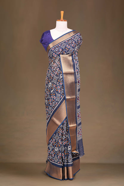 Blue ikkat print dupion silk saree