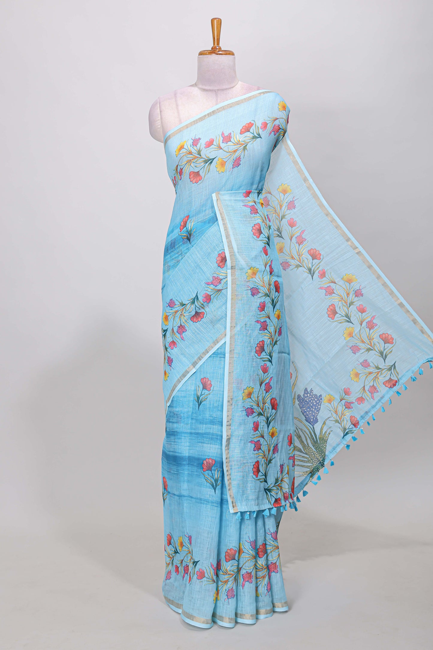 Blue linen cotton floral saree