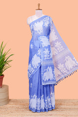 Blue linen cotton saree with contrast pallu