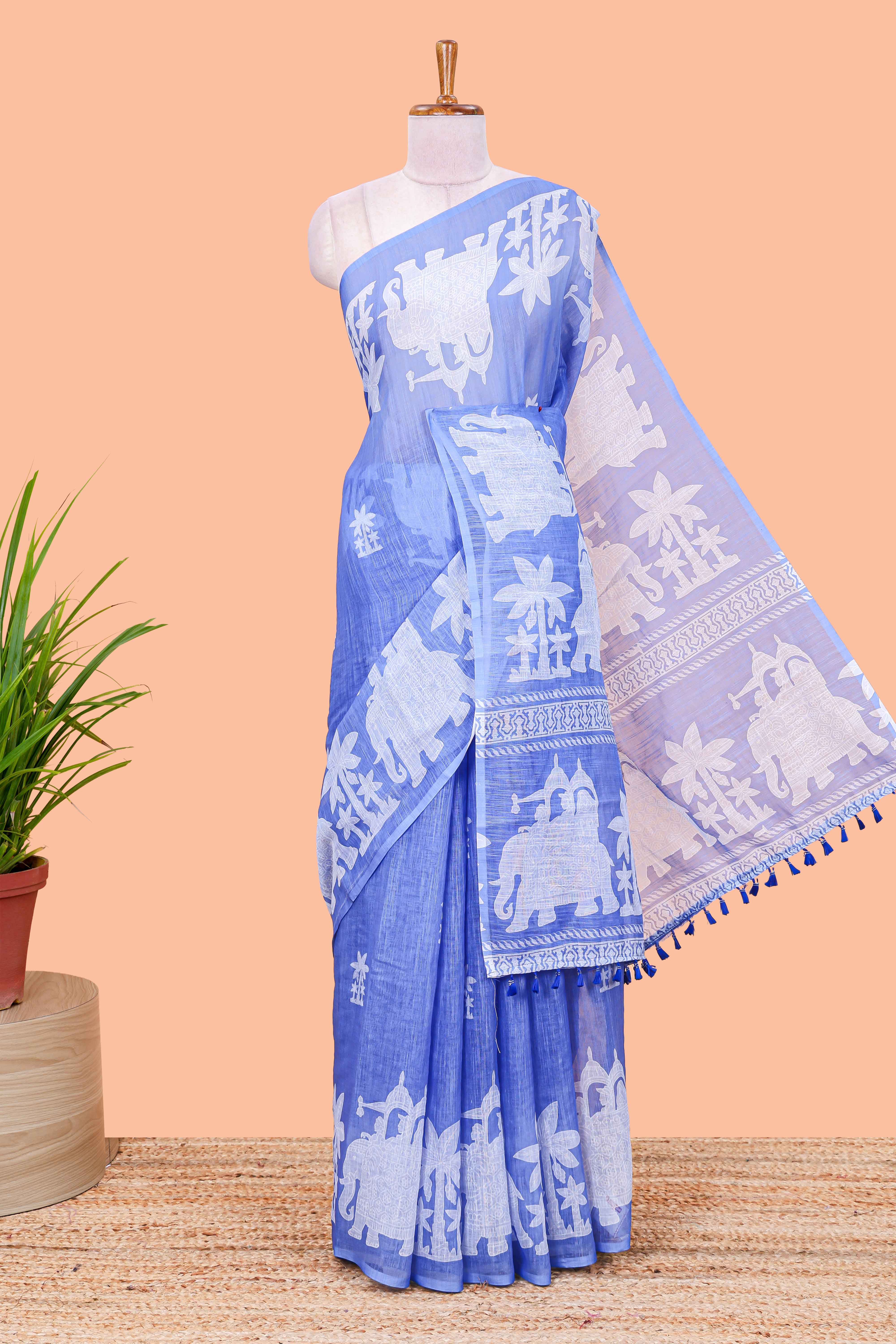 Blue linen cotton saree with contrast pallu