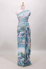 Blue linen cotton saree with swan print