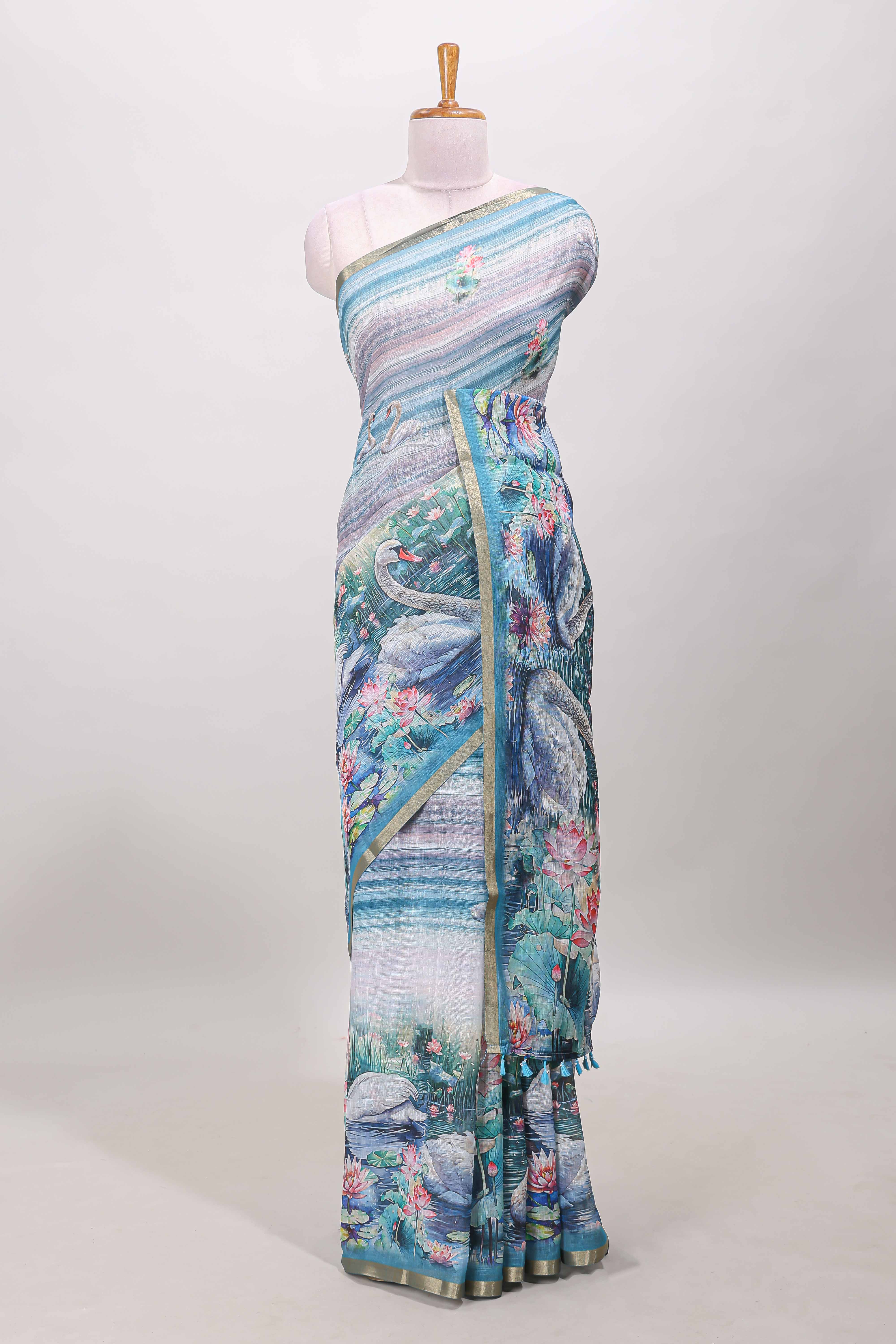 Blue linen cotton saree with swan print