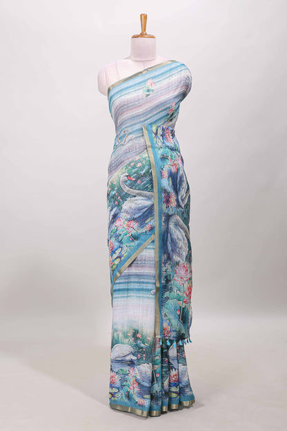 Blue linen cotton saree with swan print
