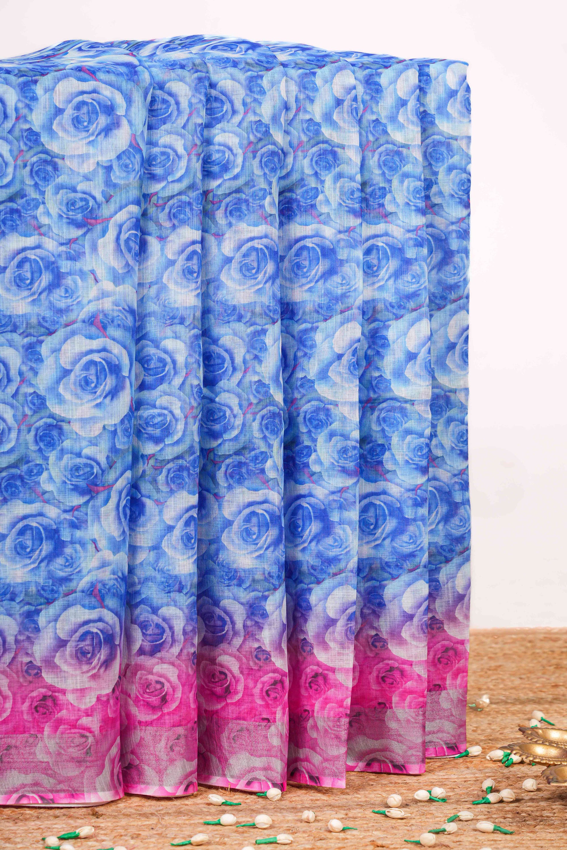 Blue linen digital print saree