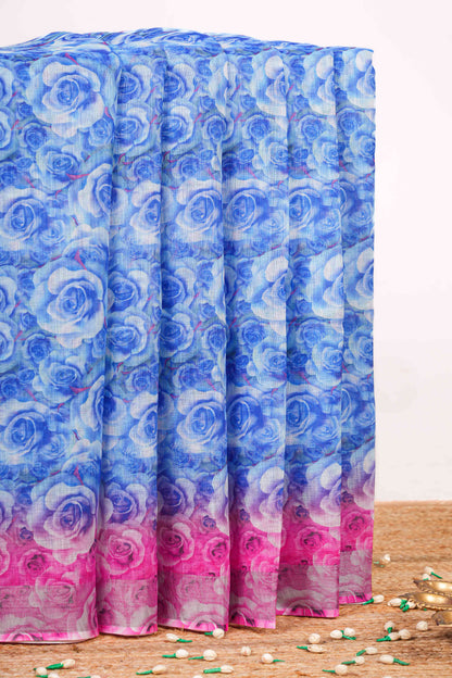 Blue linen digital print saree