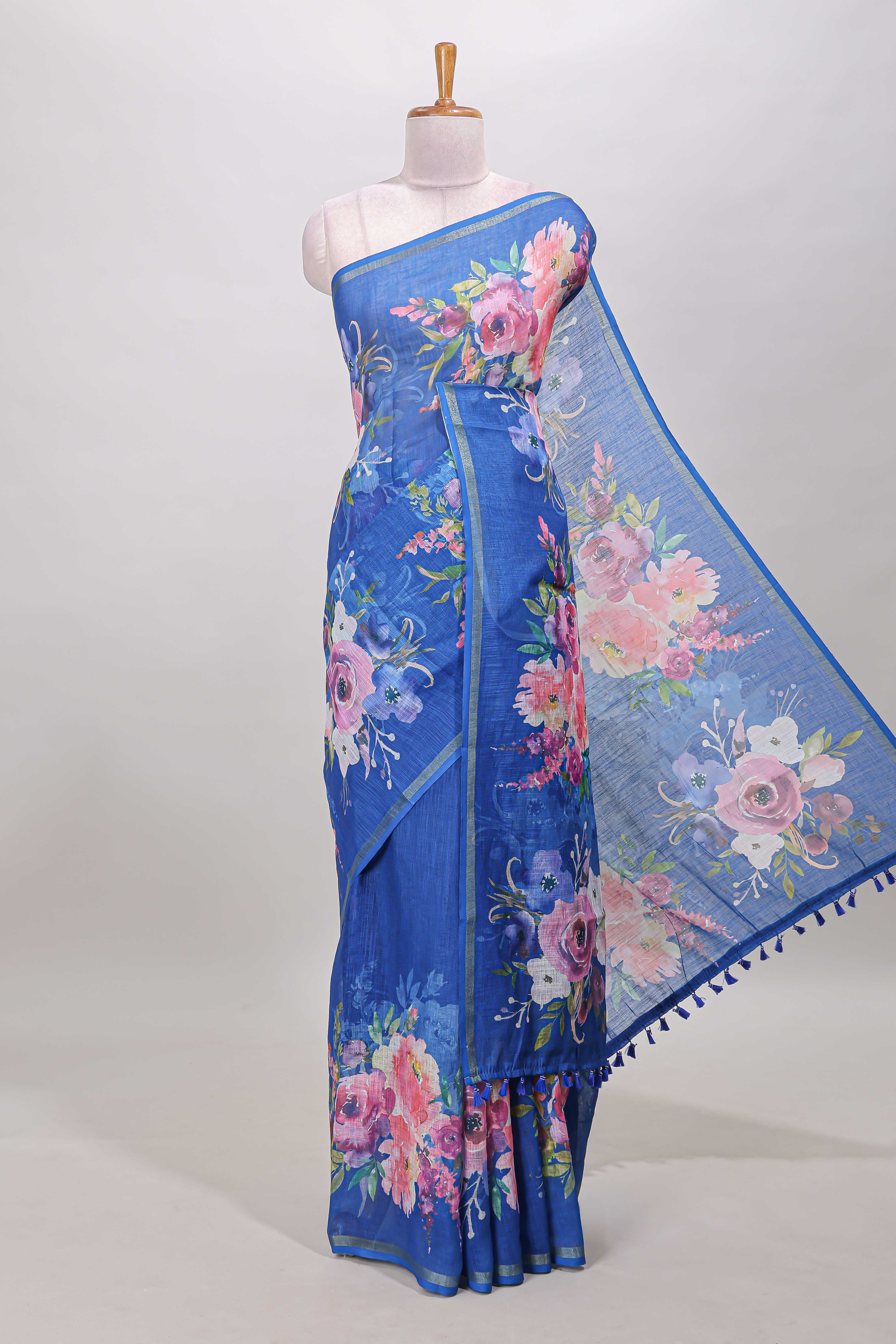 Blue linen floral saree