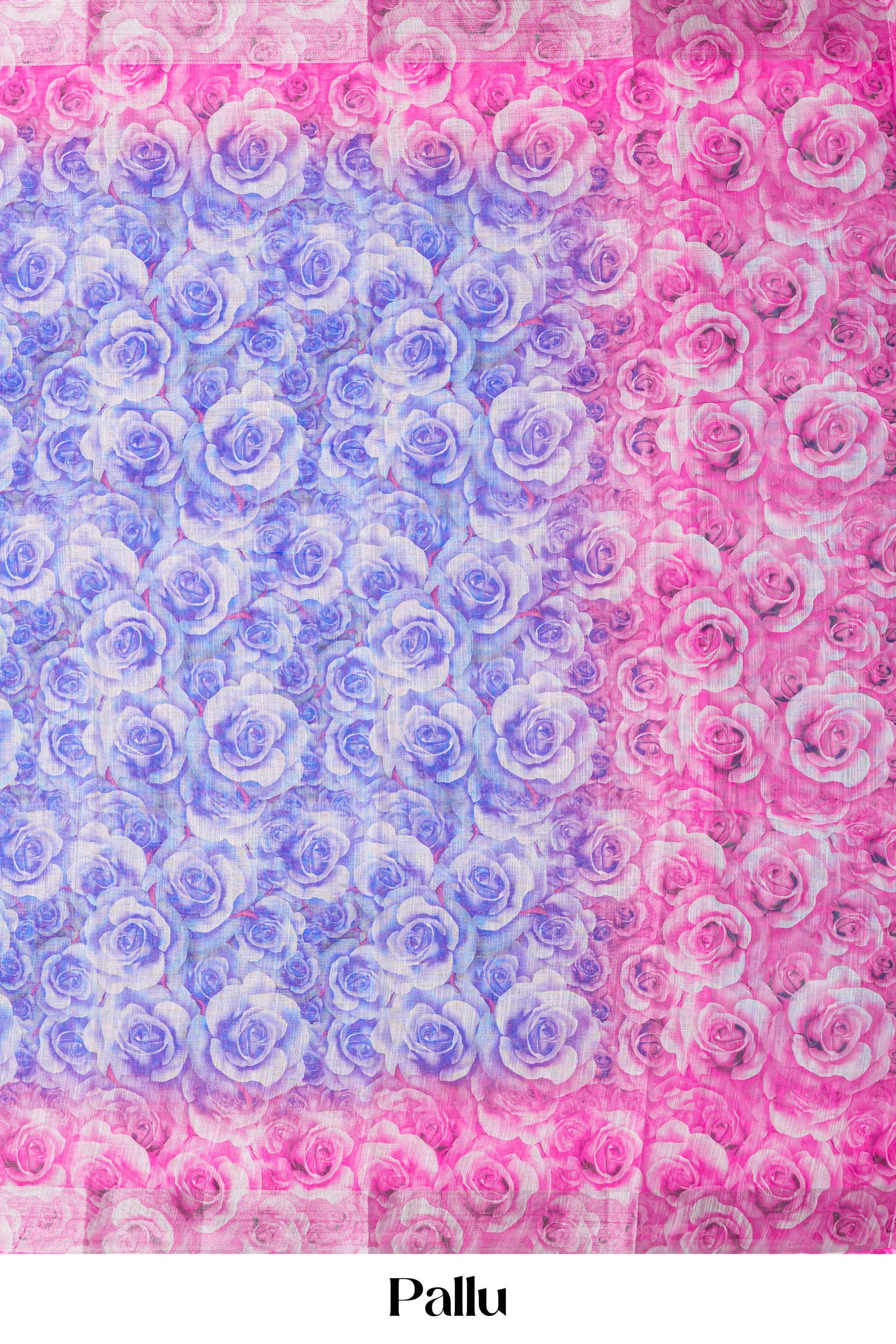 Blue linen saree with pink zari border