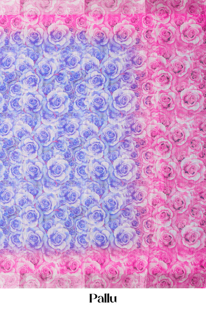 Blue linen saree with pink zari border