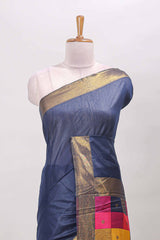 Blue linen sarees with self zari borders