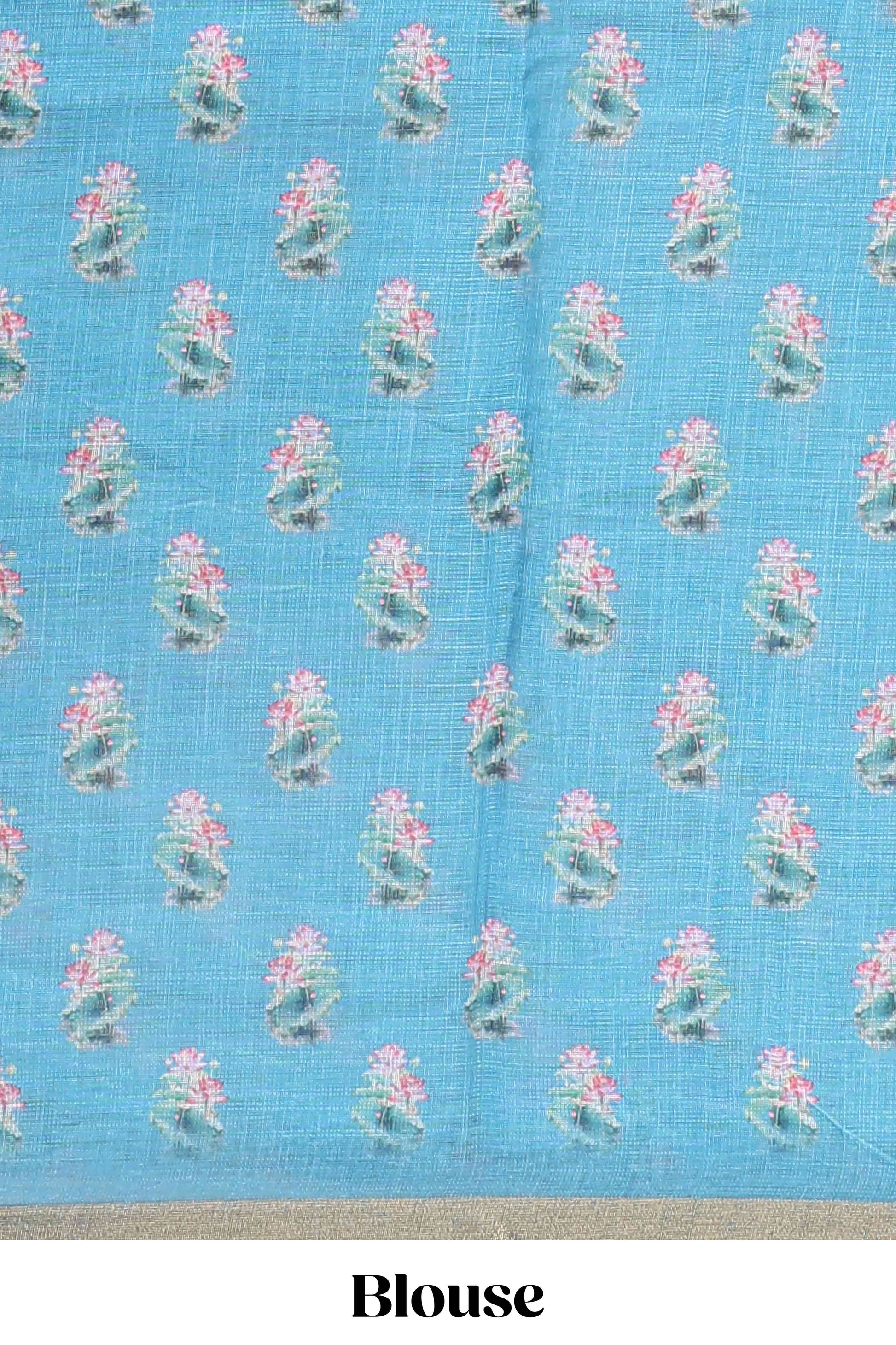Blue lotus swan design linen saree