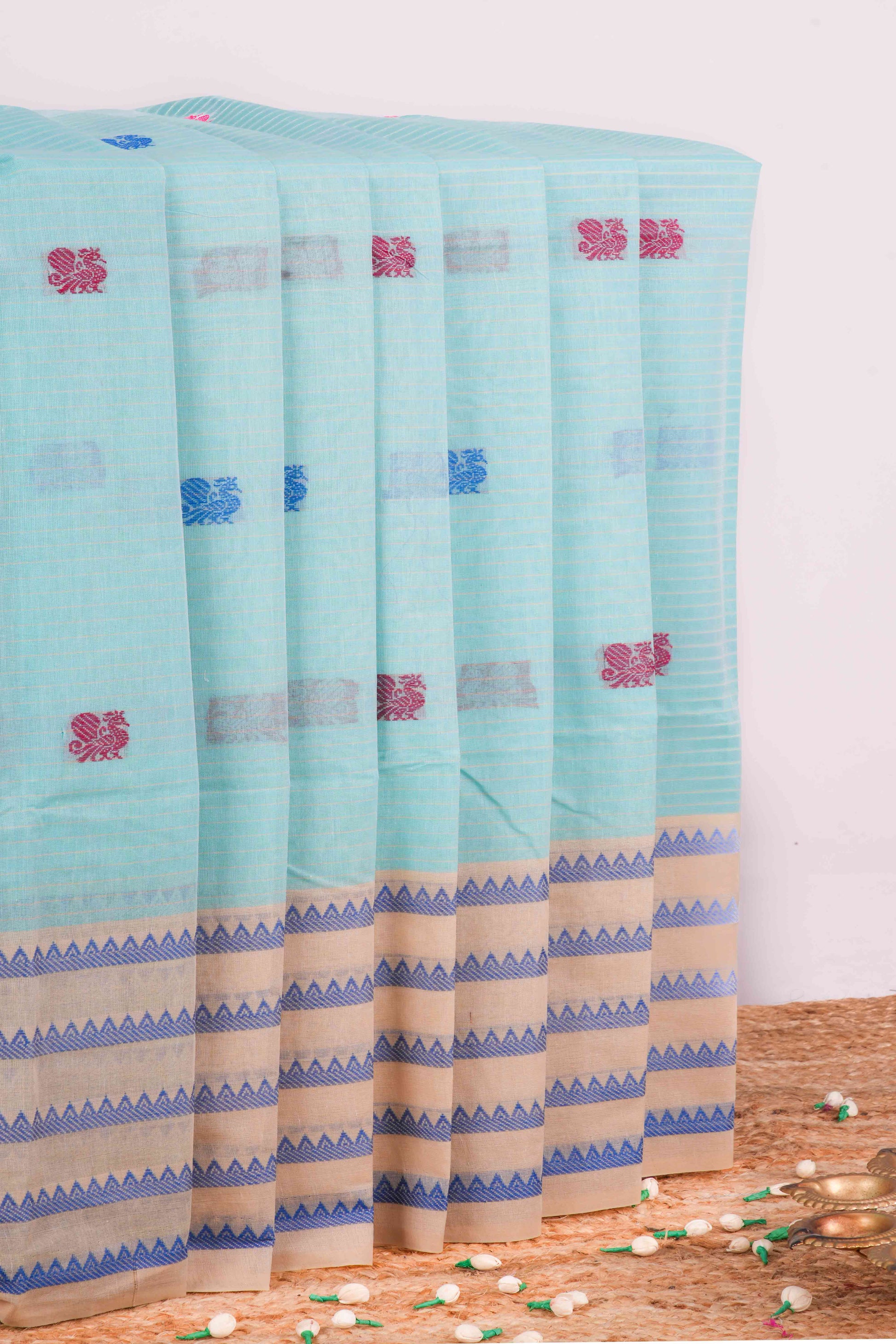 Blue mayil motif Chirala cotton saree with temple border