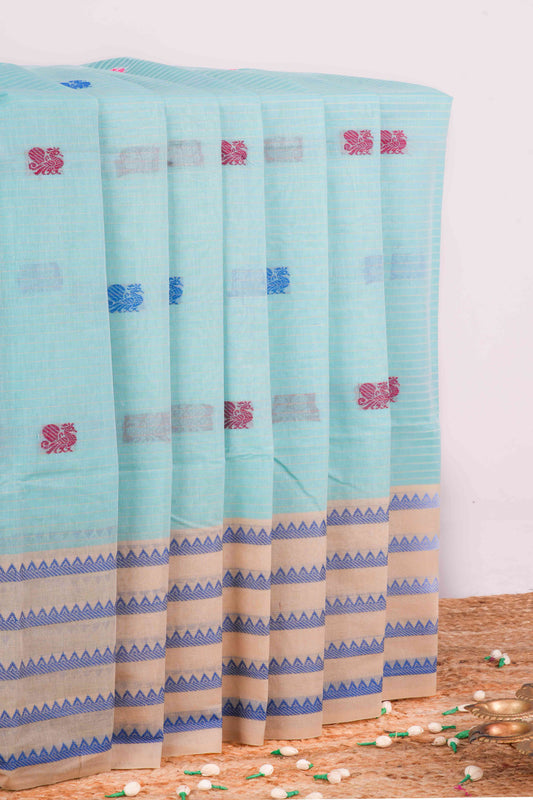 Blue mayil motif Chirala cotton saree with temple border