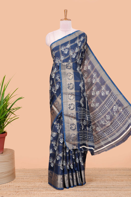 Blue moss chiffon butta saree