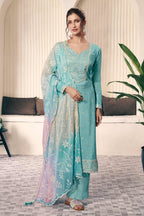 Blue munga silk embroidered suit set