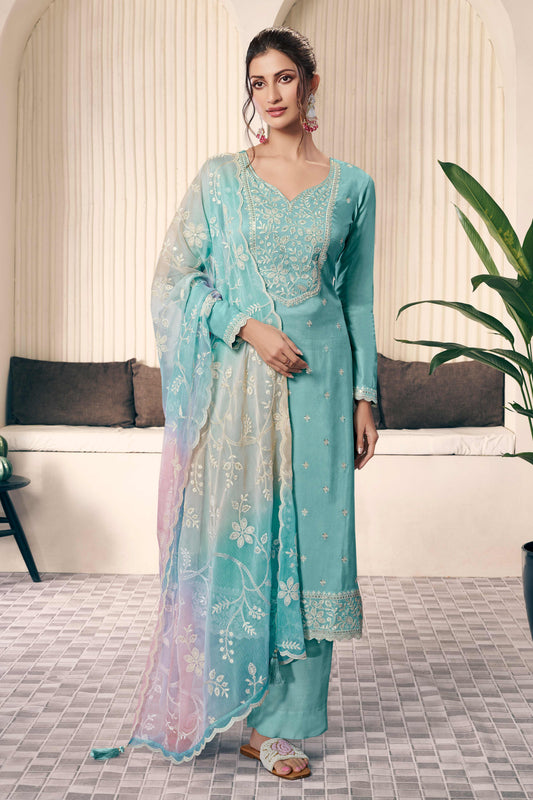 Blue munga silk embroidered suit set