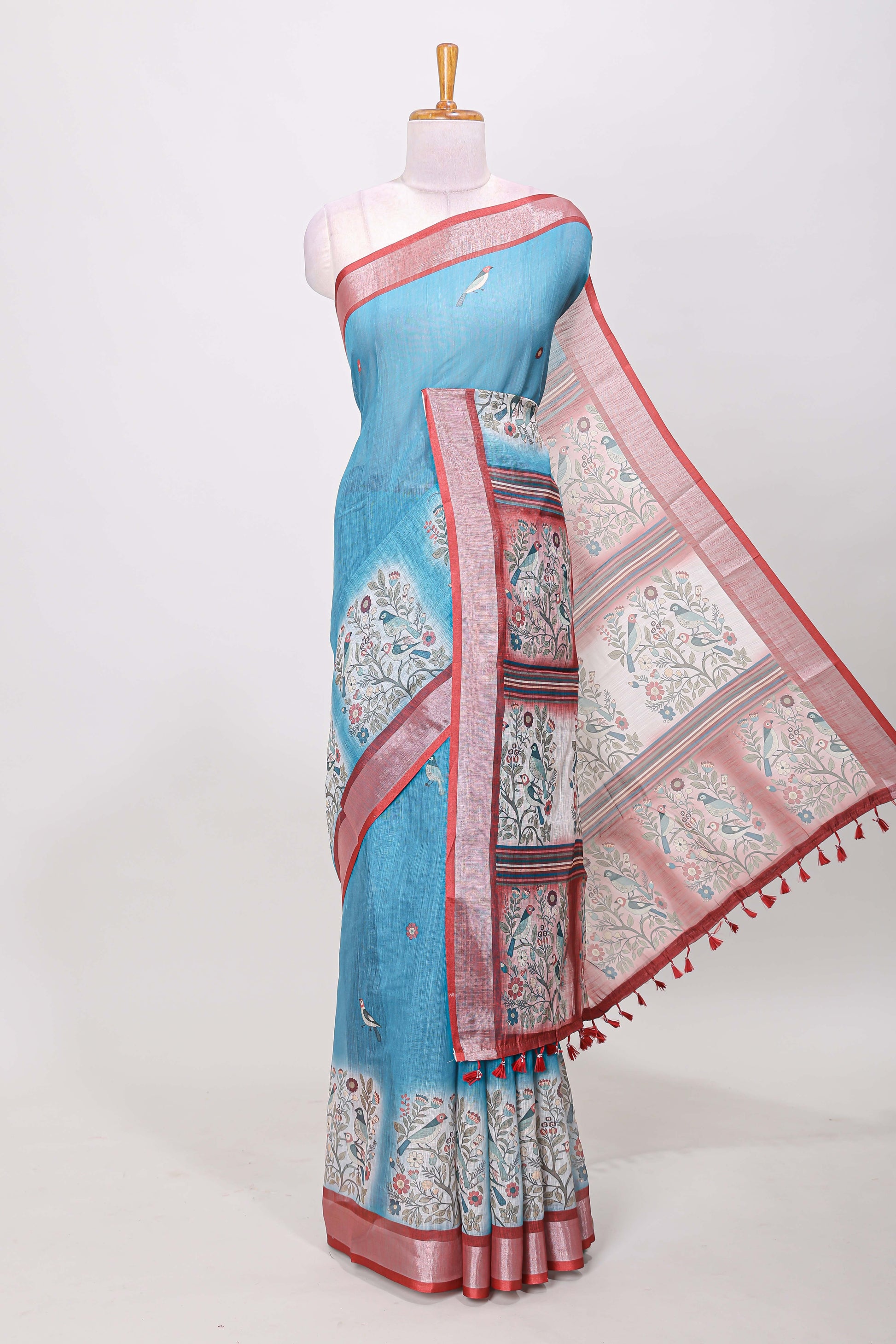 Blue printed linen cotton saree