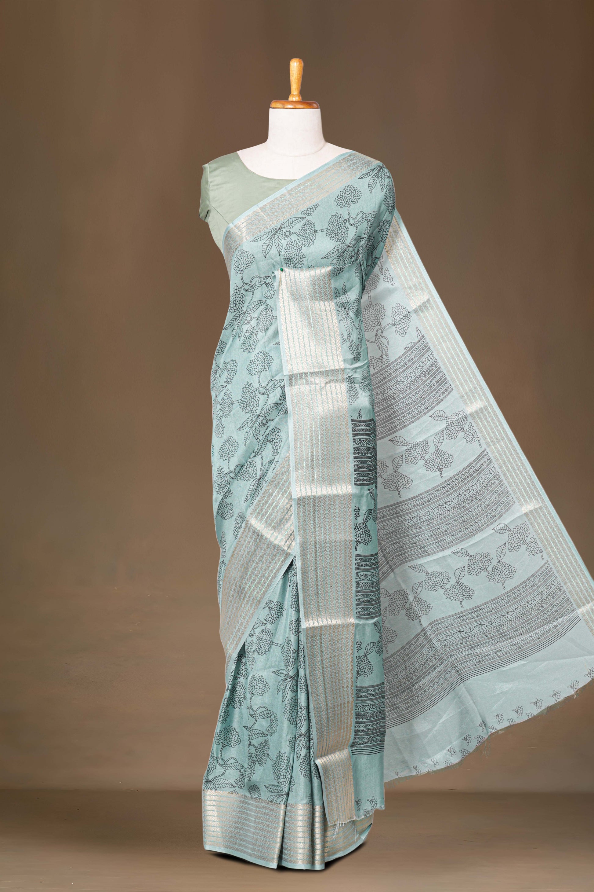 Blue printed silk dupion saree