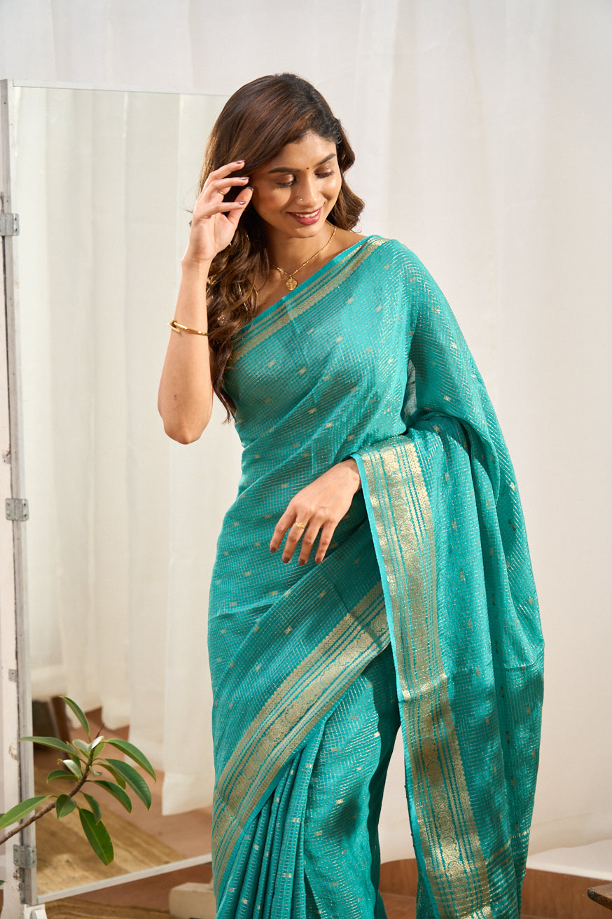 Blue raw silk gold check saree