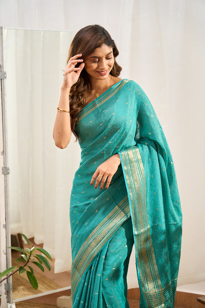 Blue raw silk gold check saree