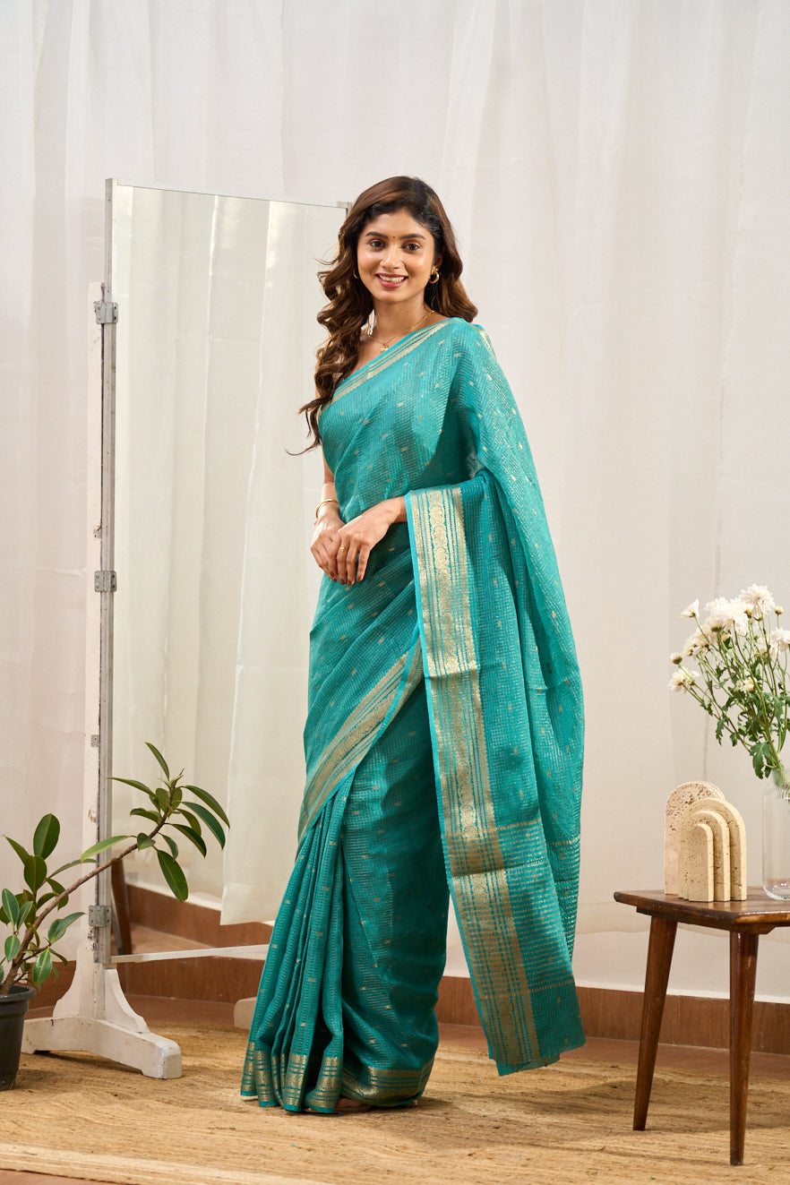 Blue raw silk zari check saree
