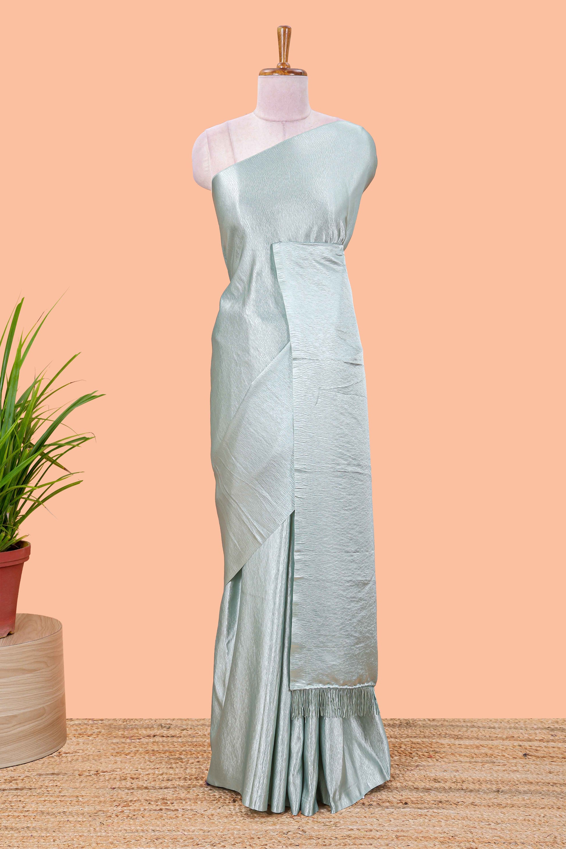 Blue satin crepe borderless saree