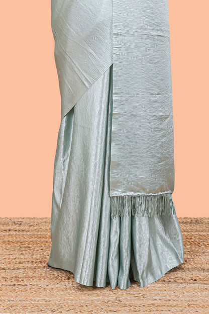 Blue satin crepe contrast blouse saree