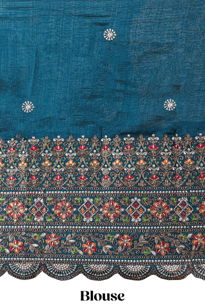 Blue satin crepe modern festive saree