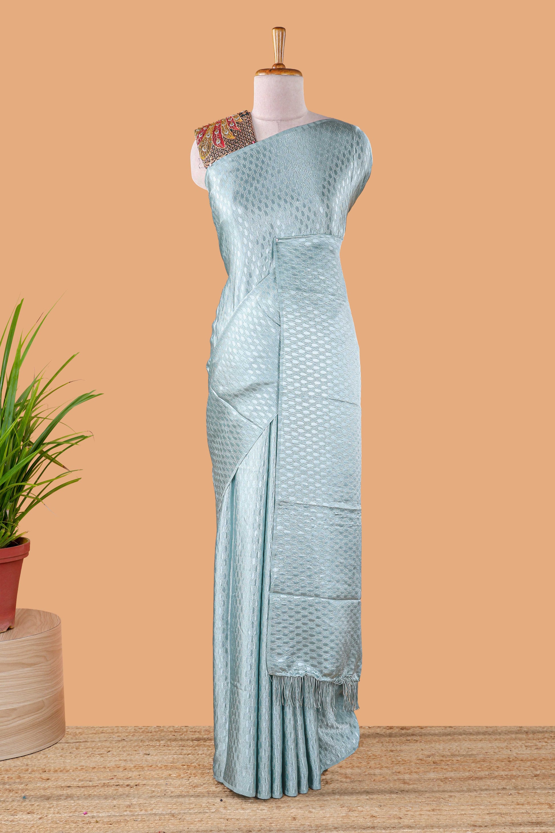 Blue satin georgette jacquard saree