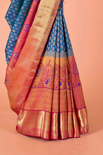 Blue silk saree with zari border