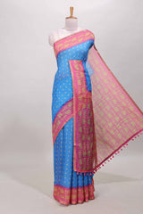Blue spade motifs linen cotton saree 