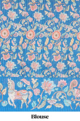 Blue stylish printed linen saree