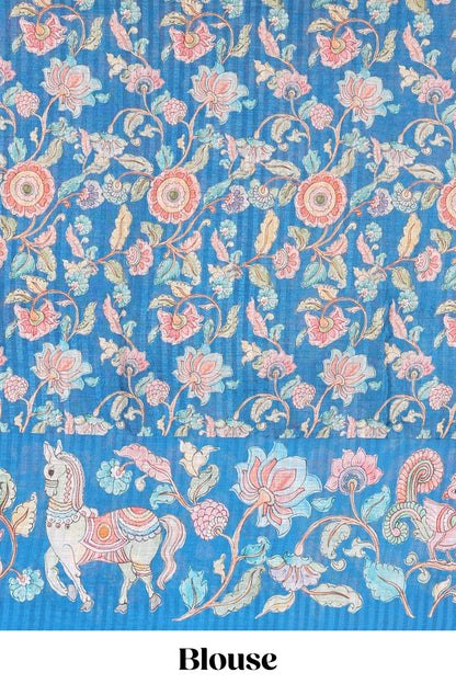 Blue stylish printed linen saree