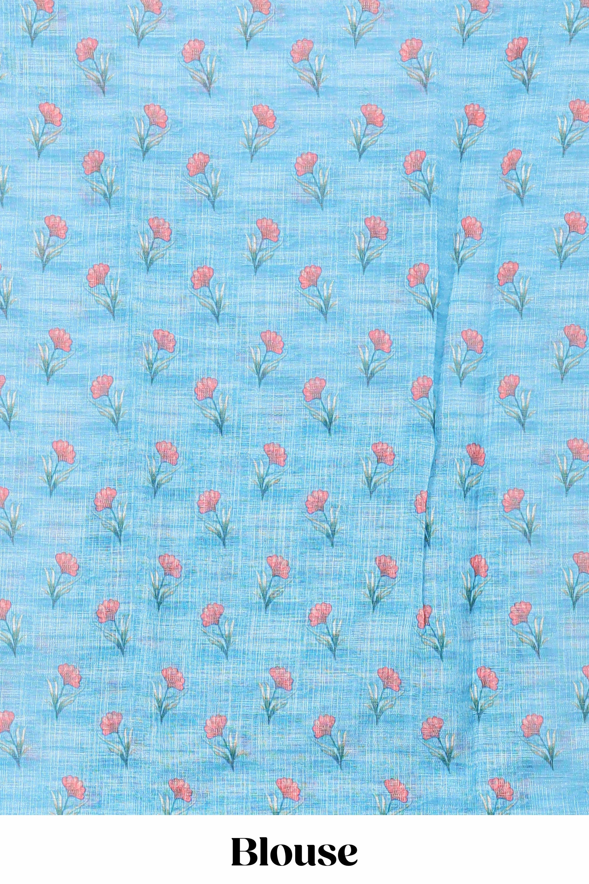 Blue traditional printed linen saree